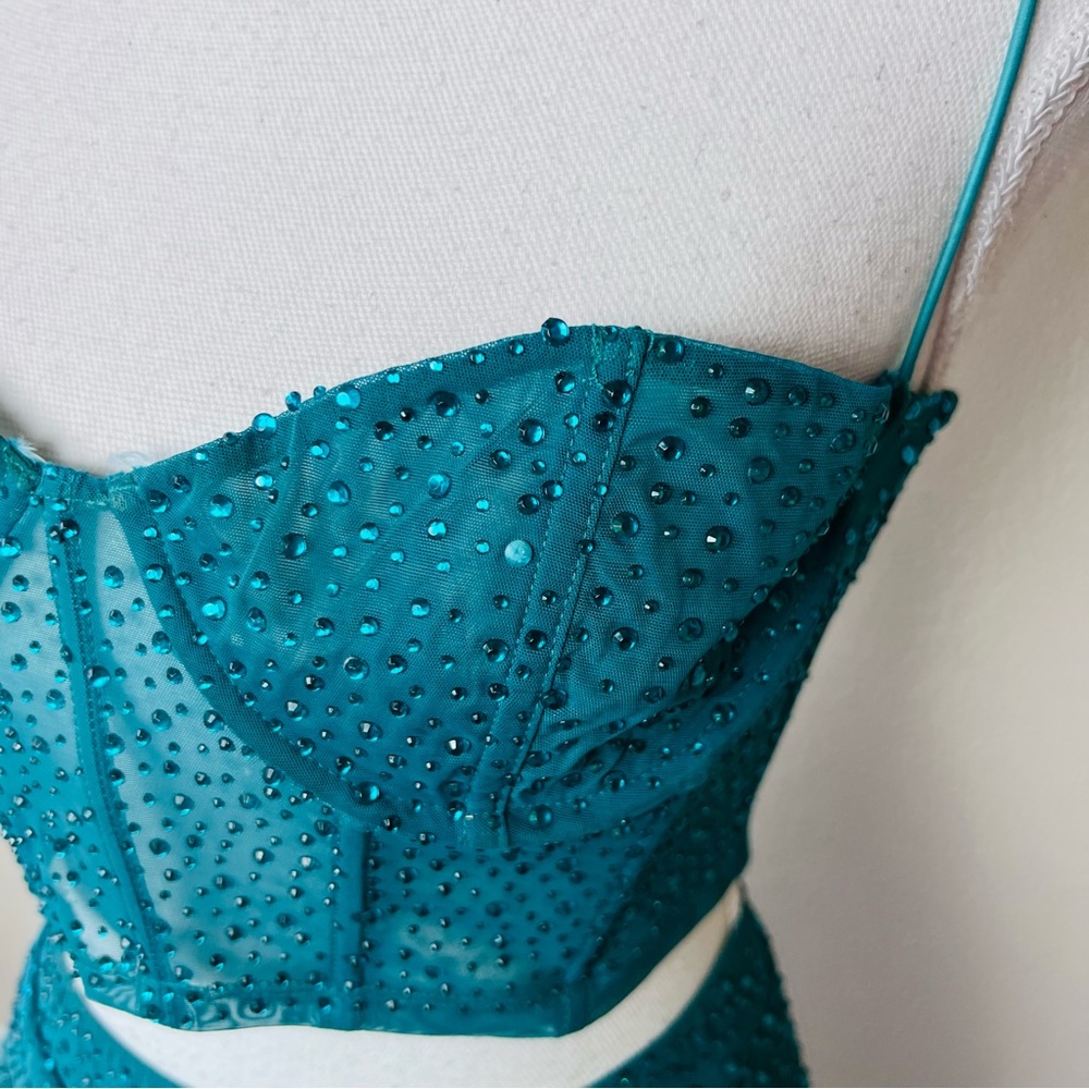 Oh Polly ‘Own The Night’ Emerald Rhinestone Corset Top & Mini Skirt Set - Picture 7 of 16